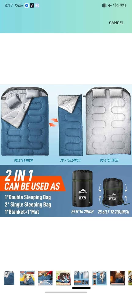 MEREZA Double Sleeping Bag with Pillow, XL Queen - photo 5