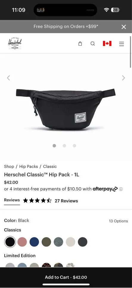 NWT Herschel Classic Black Hip Pack - 1L Unisex image indicator(6)