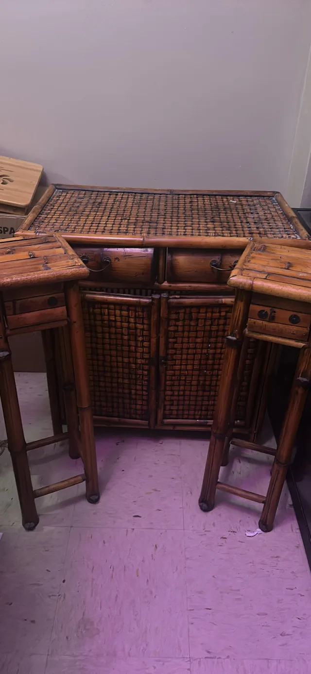 Vintage Bamboo Cabinet + Side Tables – Rare Golden Brown Set