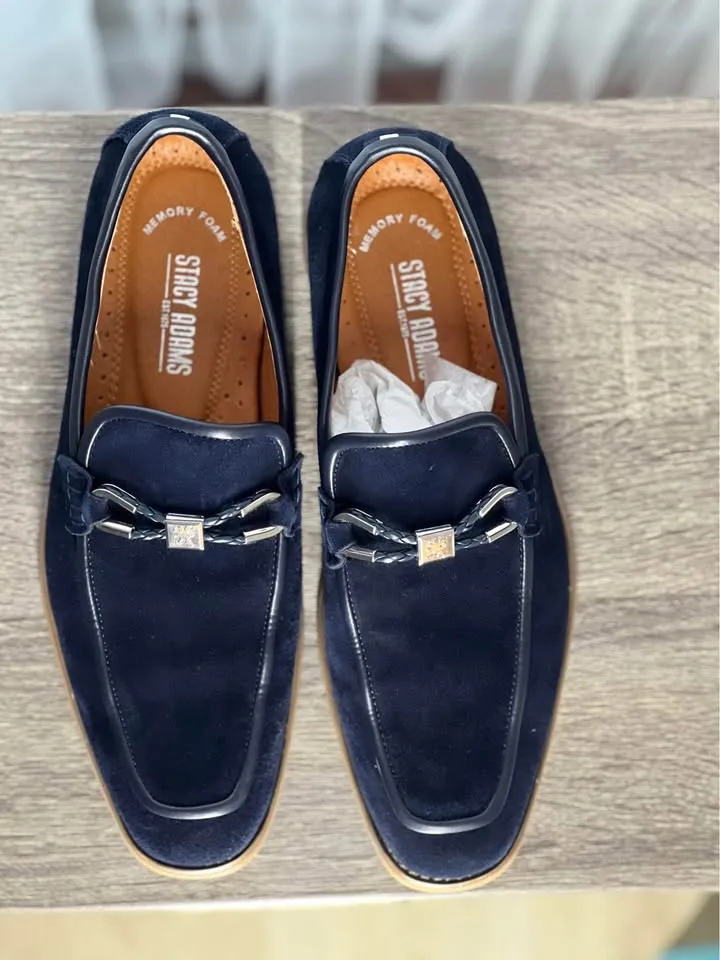 Pair of navy suede loafers. image indicator(3)