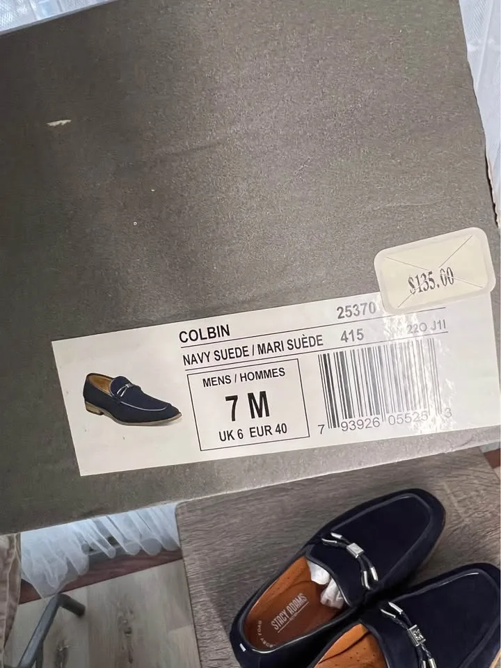 Pair of navy suede loafers. image indicator(10)