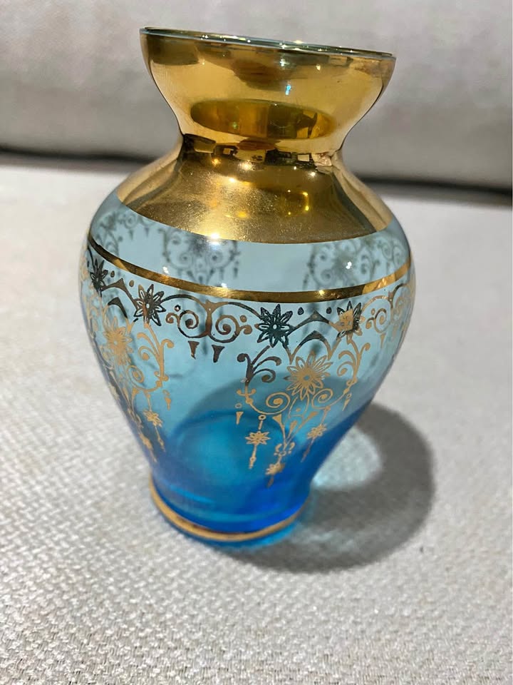 FERRO & LAZZARINI Aqua Blue Art Glass Vase 24K Gold Leaf 4.5"