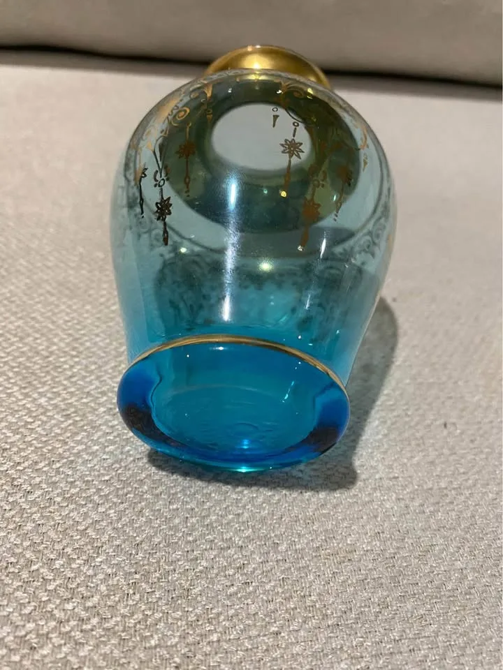 FERRO & LAZZARINI Aqua Blue Art Glass Vase 24K Gold Leaf 4.5" image indicator(2)