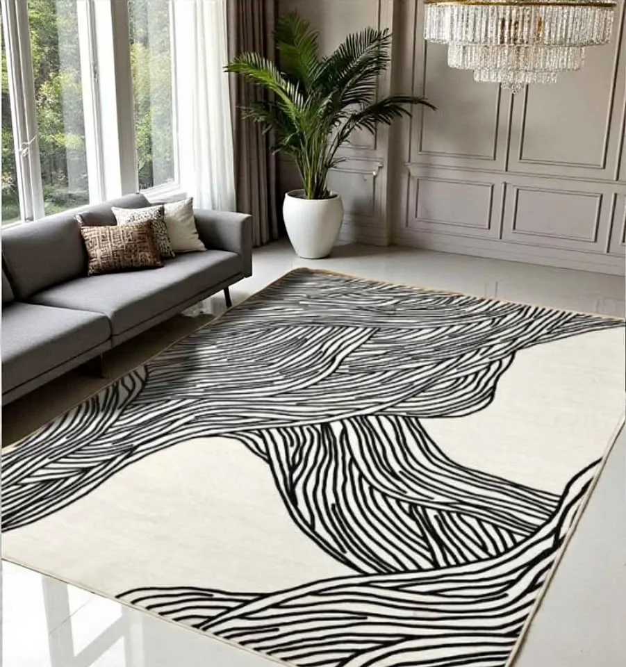 CREAM & 🖤 ABSTRACT RUG 5X7 MODERN & MINIMAL WASHABLE BRAND NEW I thumbnail