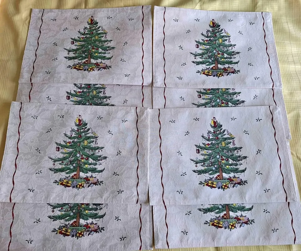 NEW SPODE CHRISTMAS TREE IVORY BROCADE SET OF 8 19" X 13" HOLID