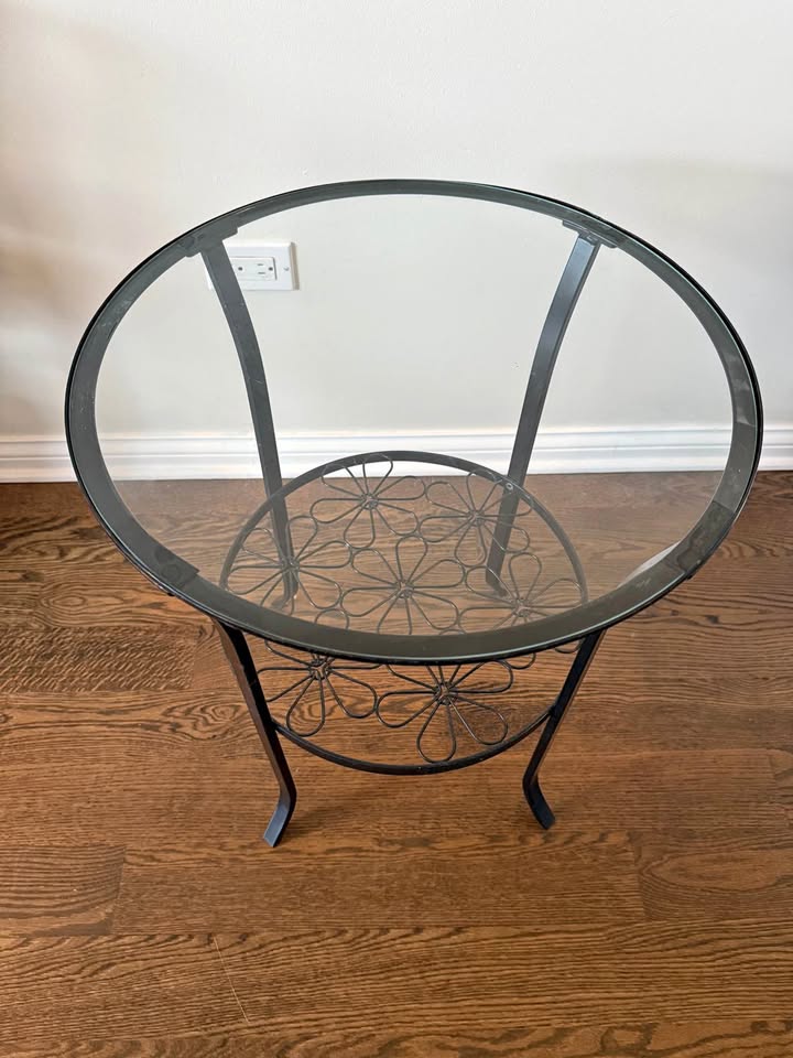 Glass Side Table with Floral Accent