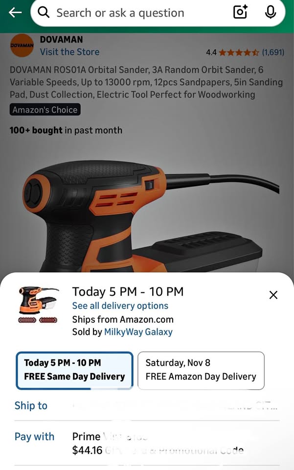 Orbital Sander, 6 Variable Speeds, Up to 13000 rpm