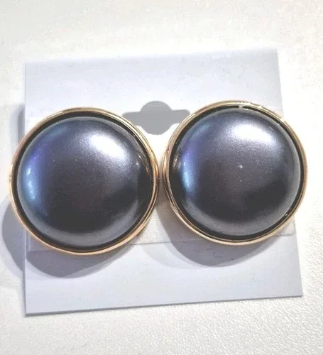 Grey Button Earrings With Gold Trim thumbnail