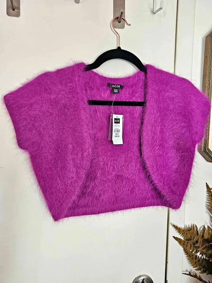 New with Tags Y2K Angora Shrug Bolero Purple Fuzzy Cardigan