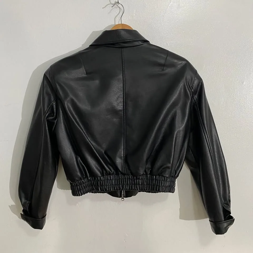 Vegan Leather Cropped Moto jacket by Flaunt Seoul image indicator(2)