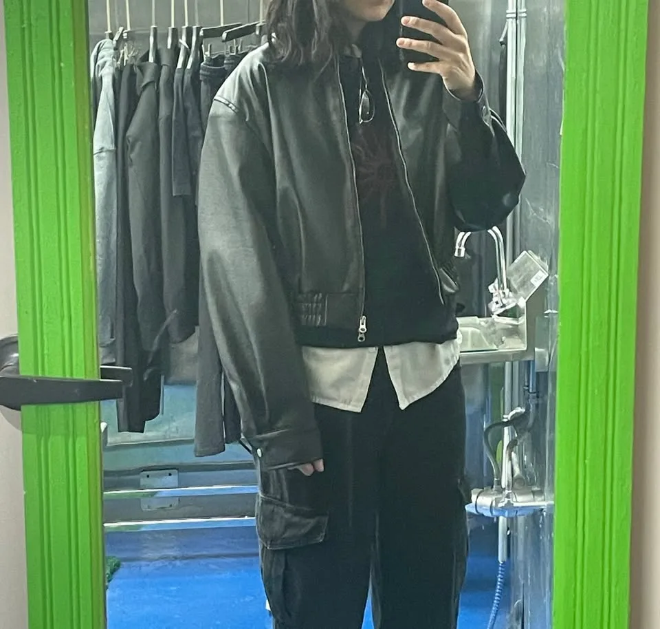 Vegan Leather Cropped Moto jacket by Flaunt Seoul image indicator(3)