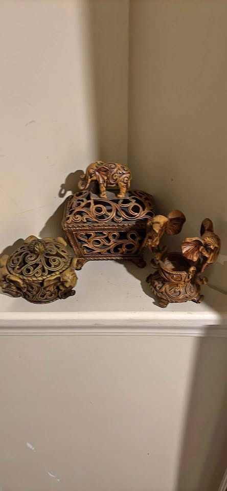 Ornate elephant candle holder and 2 ornate keep sake boxes.