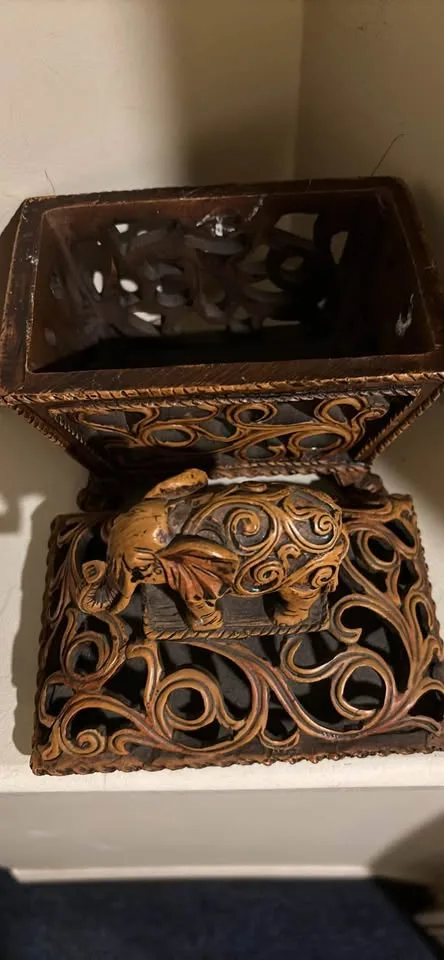 Ornate elephant candle holder and 2 ornate keep sake boxes. image indicator(2)