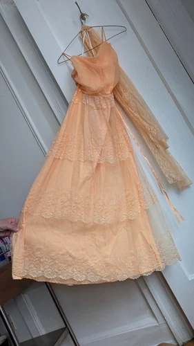 Peach Lace Halter Chiffon Dress Gown Size 12 Gown w Shawl - photo 2