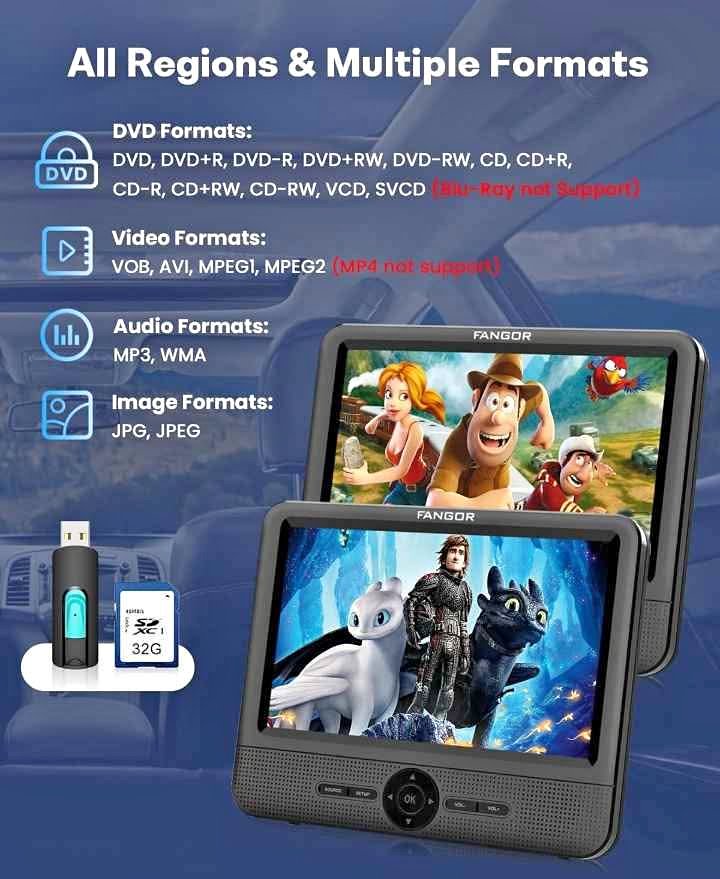 FANGOR 7.5" Dual Portable Car DVD Player