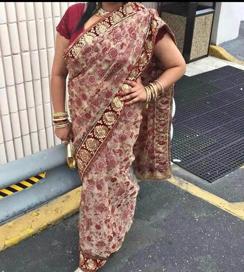 Net Maroon And Nude Saree