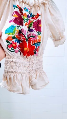 Embroidery Mexican Puff Sleeve Ruffle Shirt, Beige, XS-S