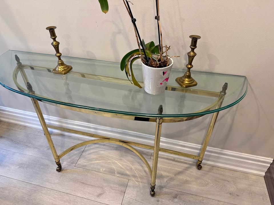 MOVING SALE- vintage brass & glass console table - 54"