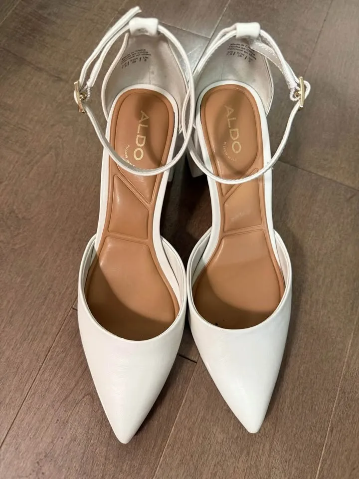 Aldo metallic white Jan ankle strap block heels- size 7.5 image indicator(2)