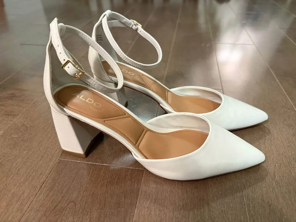 Aldo metallic white Jan ankle strap block heels- size 7.5 image indicator(6)
