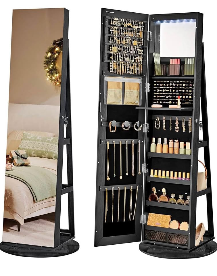 SONGMICS 360° Swivel LED Mirror Jewelry Cabinet – Lock
