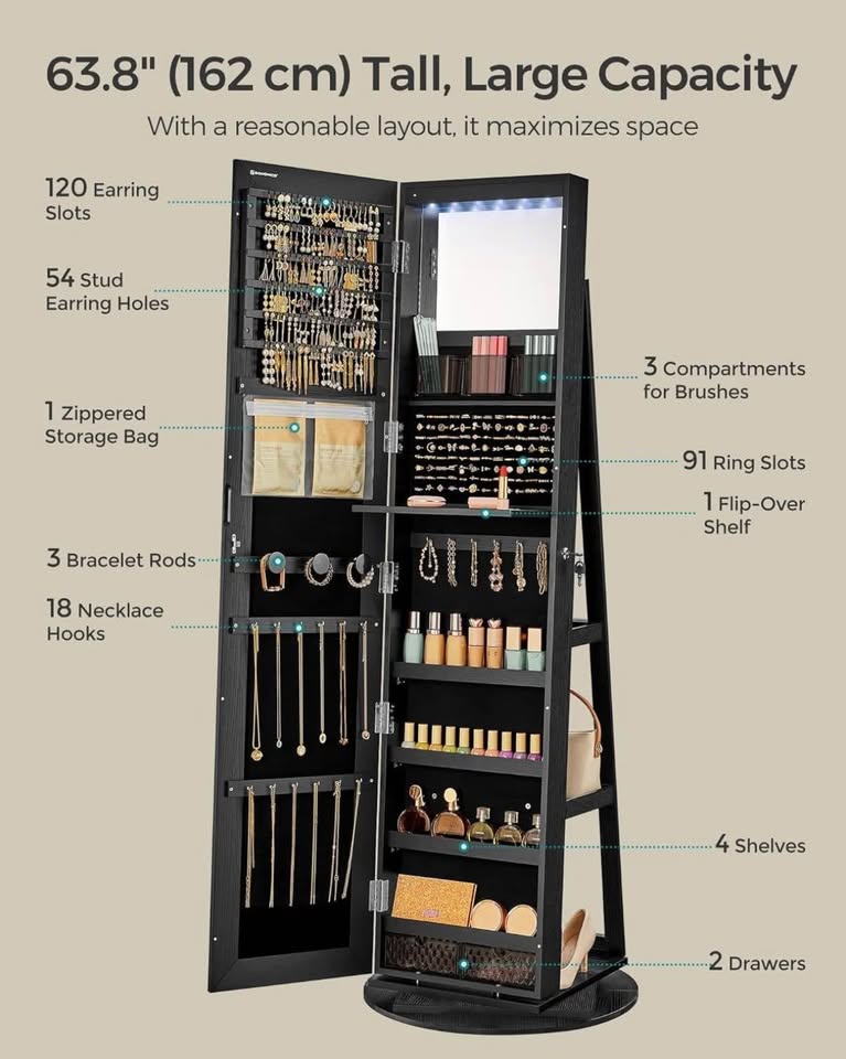 SONGMICS 360° Swivel LED Mirror Jewelry Cabinet – Lock - photo 2