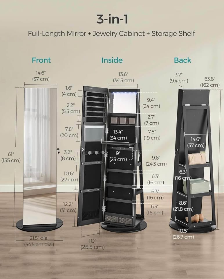 SONGMICS 360° Swivel LED Mirror Jewelry Cabinet – Lock - photo 3