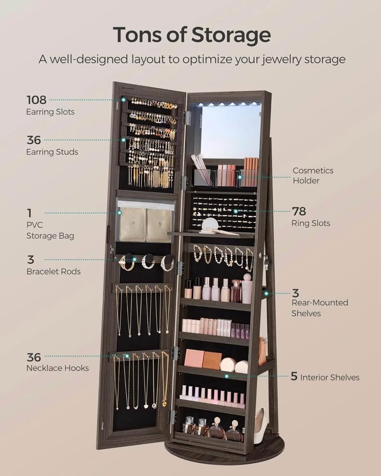 New Open Box SONGMICS LED Mirror Jewelry Cabinet — Model JJC008K - photo 5