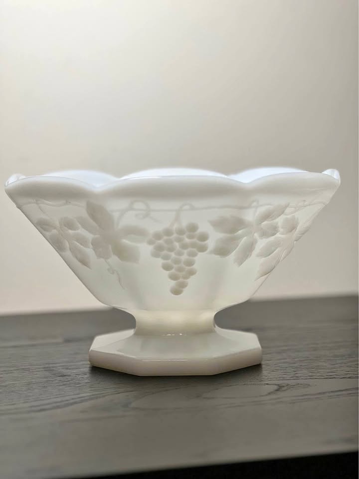 Anchor Hocking Milk Glass Pedestal Bowl Grapevine Design