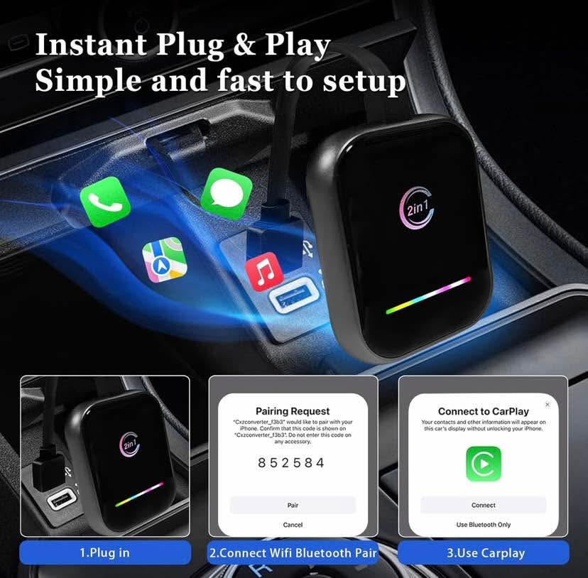2-in-1 Wireless Carplay Adapter for iPhone & Android, Converts W - photo 4
