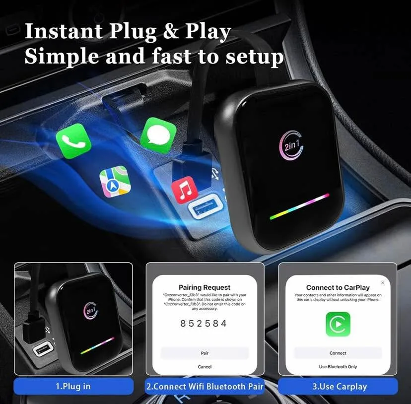 2-in-1 Wireless Carplay Adapter for iPhone & Android, Converts W image indicator(4)