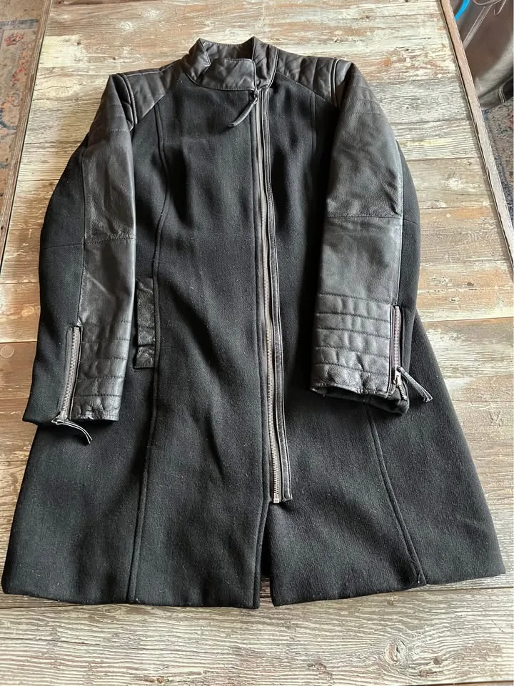 Ellos Moto Coat Jacket Black Wool & Faux Leather Sz 12 image indicator(2)