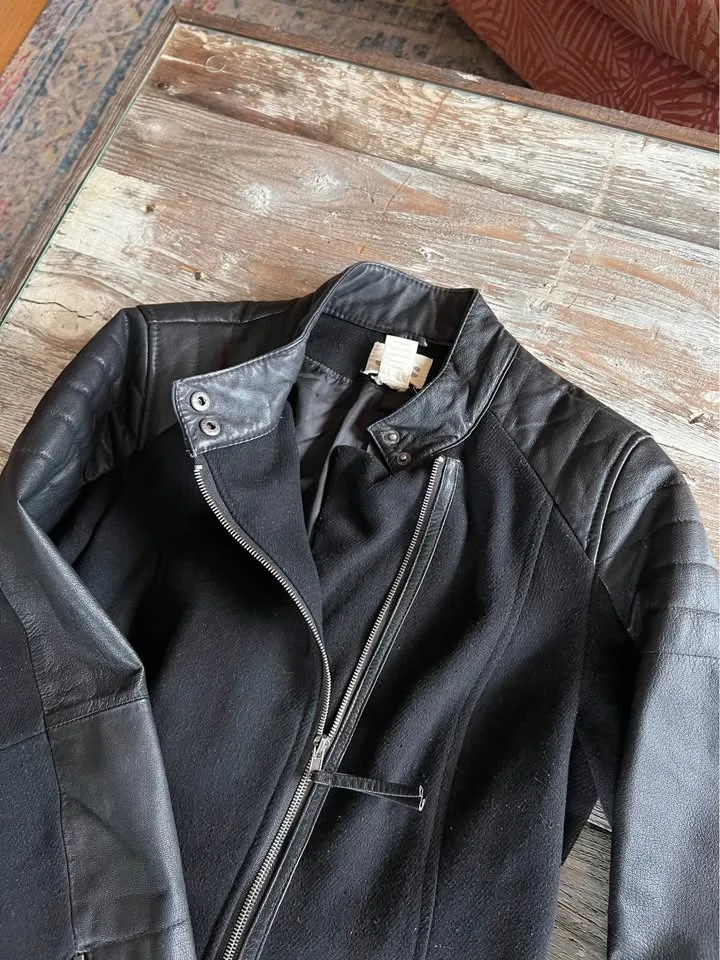 Ellos Moto Coat Jacket Black Wool & Faux Leather Sz 12 image indicator(10)