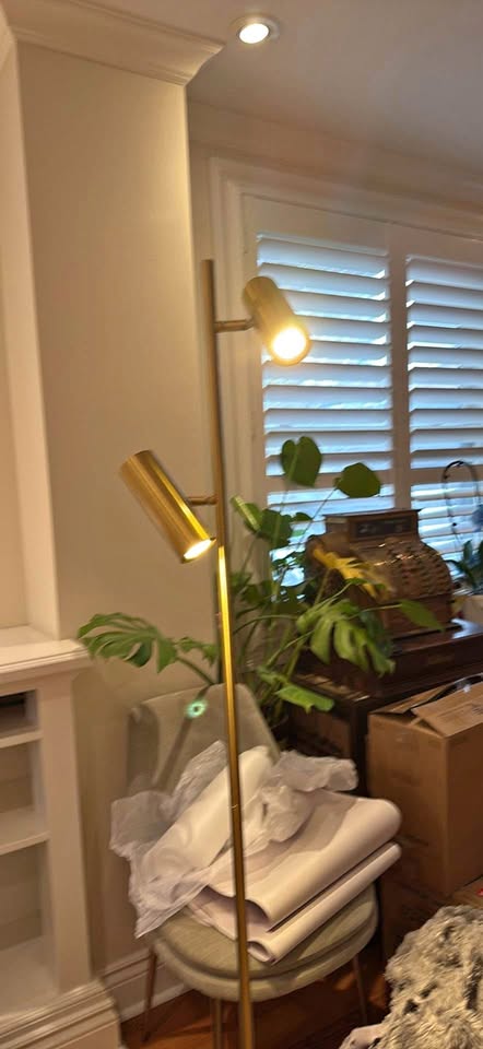 Floor lamp - gold bronze with white and grey marble base