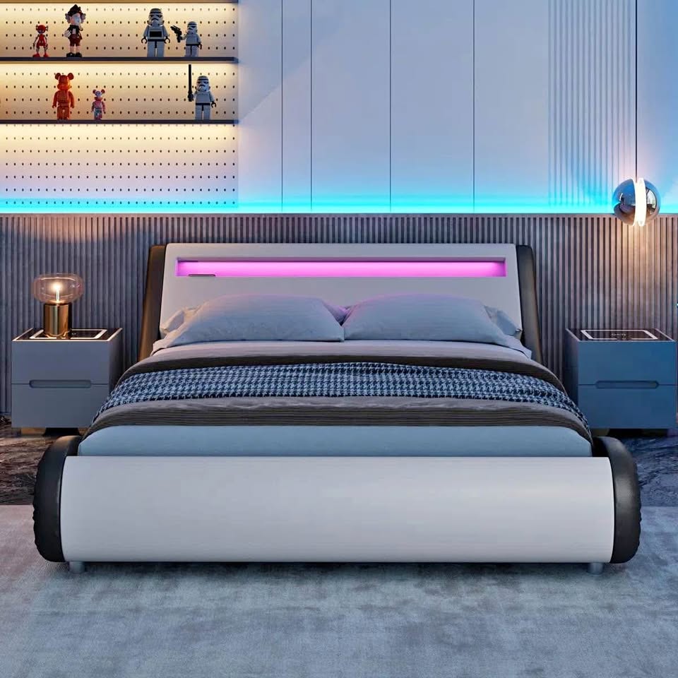 Queen Bed Frame — Leather, Platform, LED, White on Black