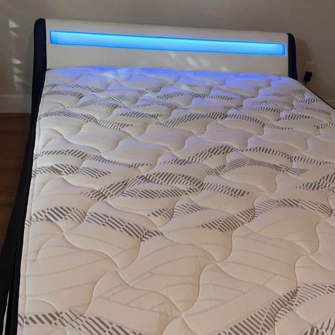 Queen Bed Frame — Leather, Platform, LED, White on Black - photo 2