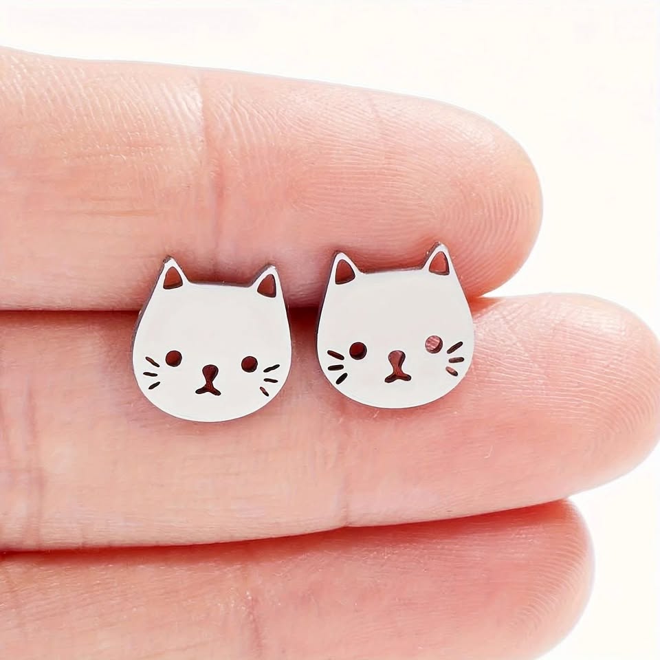 Stainless Steel Cat & Paw Stud Earrings - Silvery