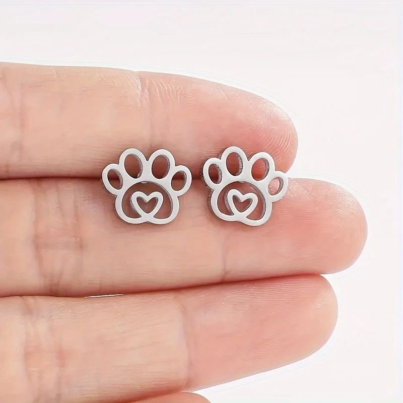 Stainless Steel Cat & Paw Stud Earrings - Silvery - photo 2