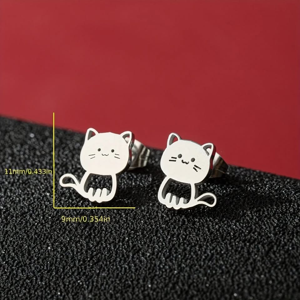 Stainless Steel Cat & Paw Stud Earrings - Silvery - photo 3