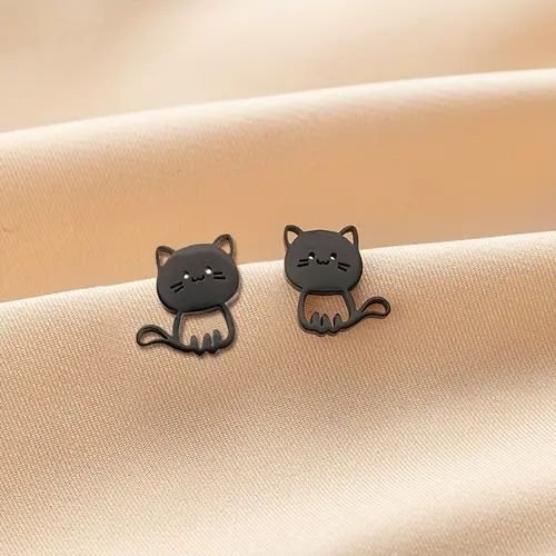 Stainless Steel Cat & Paw Stud Earrings - Silvery - photo 4