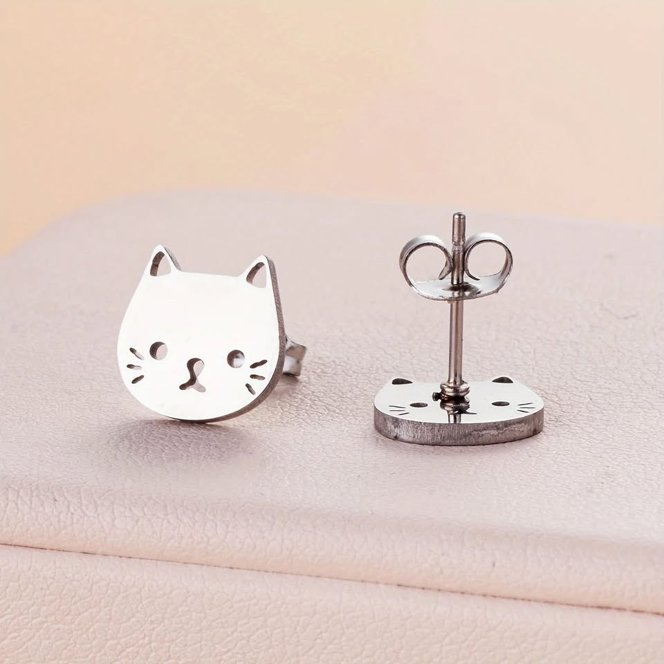 Stainless Steel Cat & Paw Stud Earrings - Silvery - photo 5