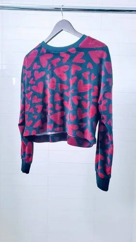 Cropped Sweater Women Size S/M, Blue Colour with Red Hearts, Vin