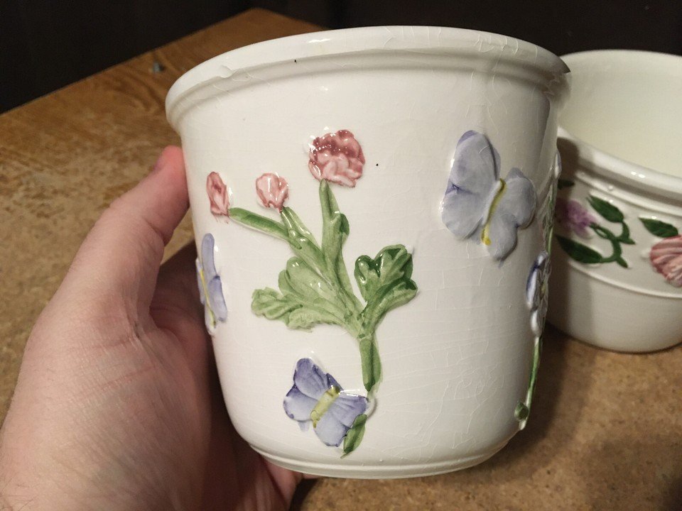 TWO BASSANO PORCELAIN CERAMIC PLANTER POT ITALY 4.5" X 5" FLOWER - photo 2