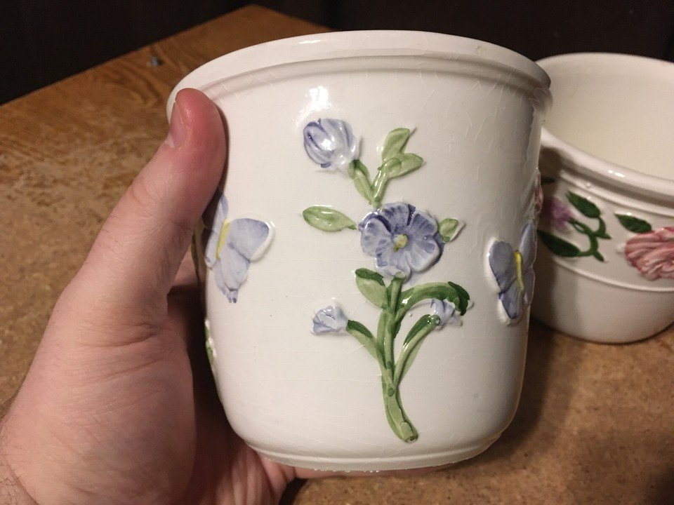 TWO BASSANO PORCELAIN CERAMIC PLANTER POT ITALY 4.5" X 5" FLOWER - photo 3