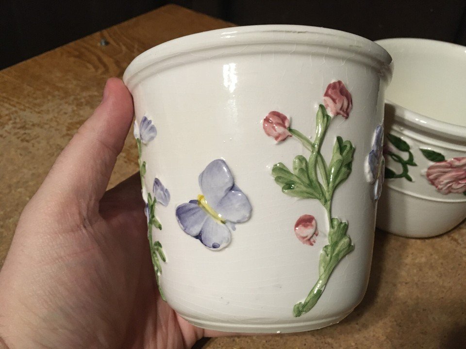 TWO BASSANO PORCELAIN CERAMIC PLANTER POT ITALY 4.5" X 5" FLOWER - photo 4