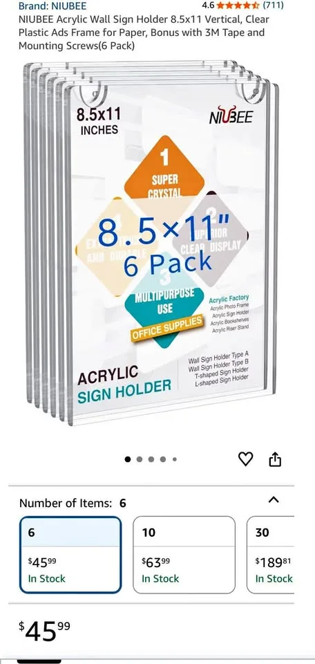 NIUBEE Acrylic Wall Sign Holder 8.5x11 Vertical