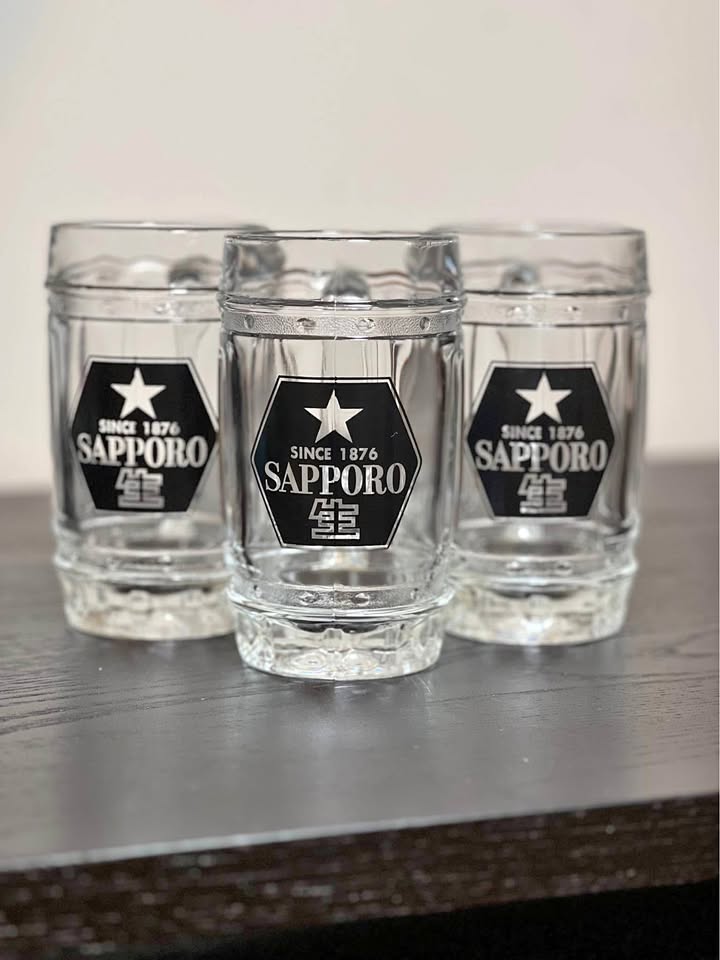 Sapporo Barrel Beer Glass Mugs Set of 3 Black Logo Japan