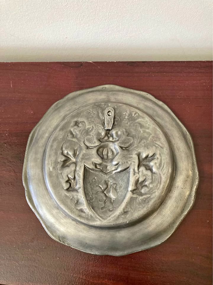 Vintage Pewter Wall Plate with Coat of Arms Crest