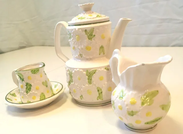 Enesco Daisy Tea Pot Creamer Saucer And Milk Lid Ceramic image indicator(3)