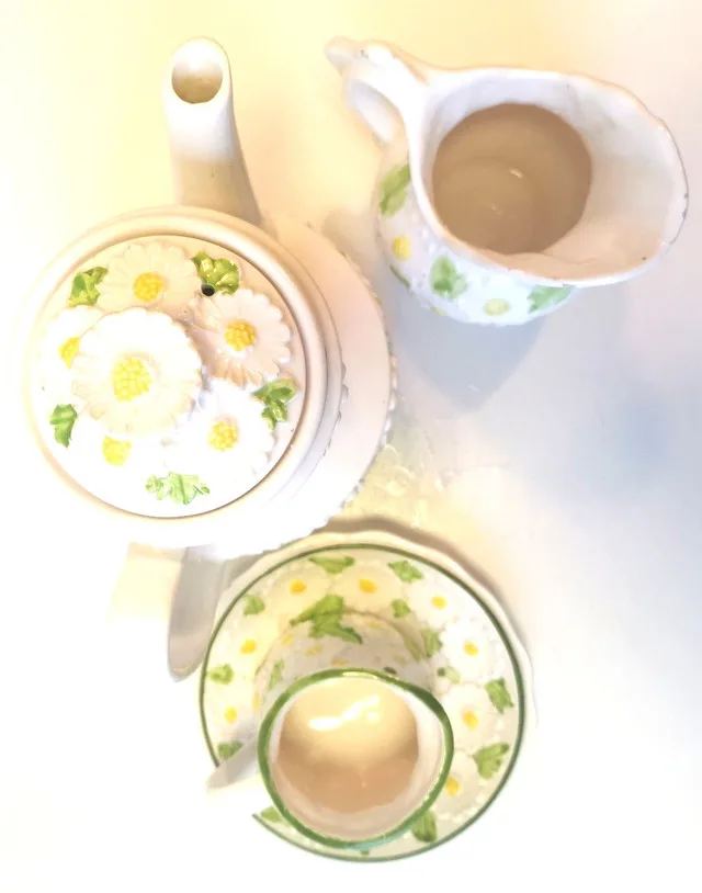 Enesco Daisy Tea Pot Creamer Saucer And Milk Lid Ceramic image indicator(10)